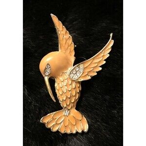 Hummingbird Brooch Pin Cloisonne’ Rhinestones Peach Colored Enamal